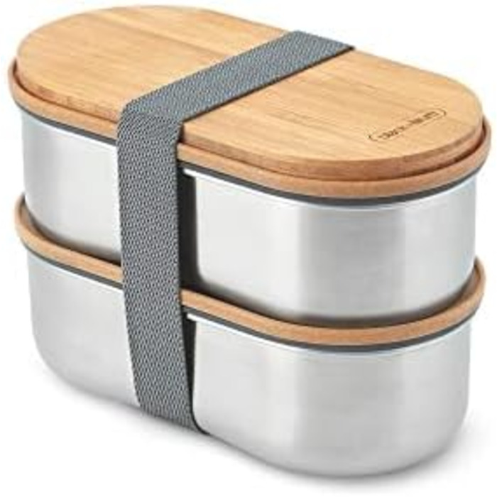 Ланч-бокс Bento BLACK+BLUM з нержавіючої сталі та бамбуковою кришкою, 2x500 мл, герметичний, з вилкою, розділювачем і обробною дошкою, Sara Kiyo Popowa Edition, для дорослих
