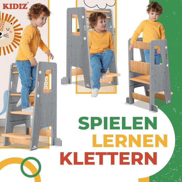 Дитяча стійка-помічник KIDIZ Montessori з навчальним годинником, регульована за висотою (3 рівні), дерев'яна стілець-сходинка з сосни, витримує до 50 кг, сірий/натуральний