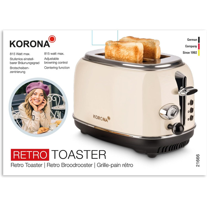 Тостер Korona 21666, 2 скибки, 810 Вт, кремовий, з підставкою для булочок, регулювання ступеня підсмажування, функції розморожування, підігріву, піддон для крихт, центрування хліба