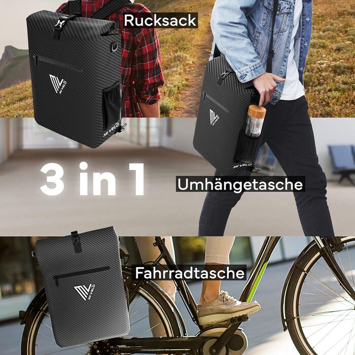 Велосипедна сумка MIVELO для багажника 3в1 — рюкзак, сумка через плече, водонепроникна, без ПВХ, з відділенням для ноутбука (карбон)