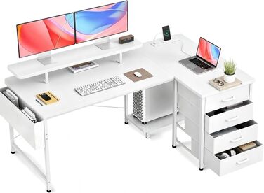 Кутовий стіл Claiks L-подібний (160x80 см) з 4 тканинними шухлядами, USB-портом, розеткою та полицею для монітора, білий