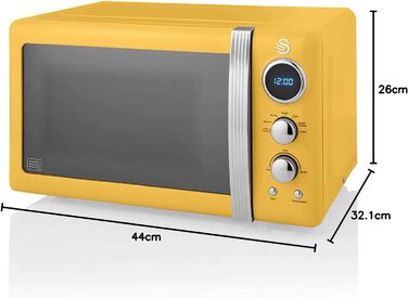 Мікрохвильова піч Swan Retro 20 л, 800 Вт, жовта, цифрова, 5 режимів, розморожування, таймер 60 хв, дзеркальні дверцята, вінтажний дизайн