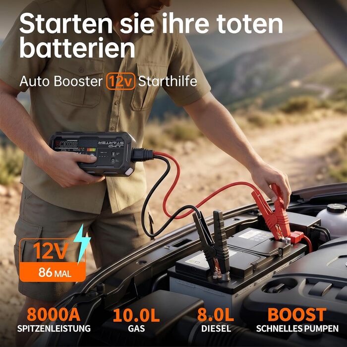 Бустер для автомобіля 8000A Powerbank Jump Starter для дизельних двигунів до 12л та бензинових до 10л