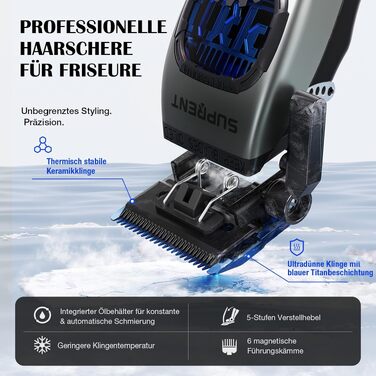 Машинка для стрижки волосся SUPRENT Profi з титановим лезом, Zero-Gap T-Blade, 5 насадок, акумулятор 2500mAh, сірий колір