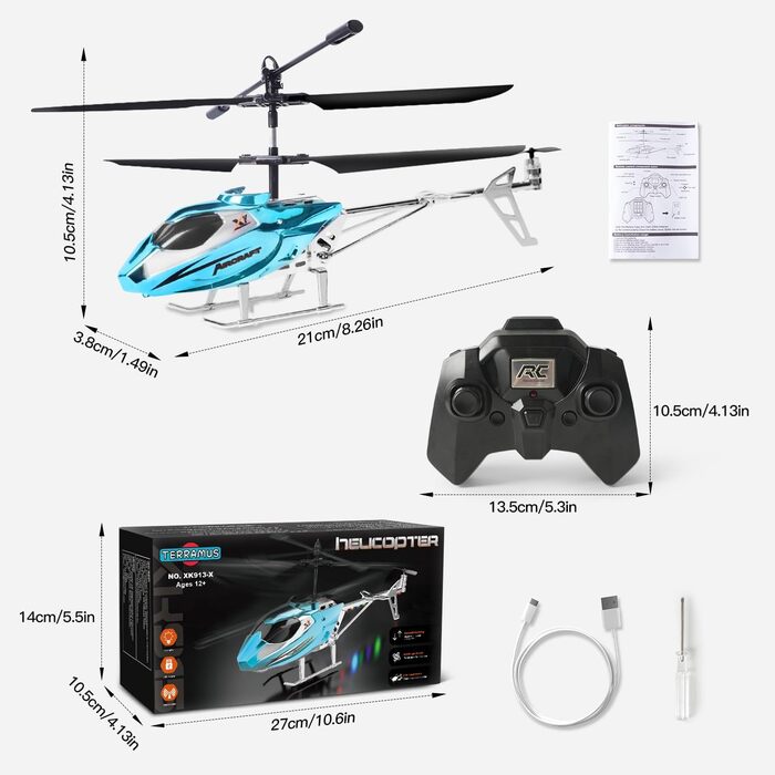 Радіокерований вертоліт Hubschrauber 2.4G з LED підсвіткою для хлопчиків та дорослих (від 12 років), 3.5 канали, гіростабілізатор, фіксована висота, автоматичний зліт, блакитний
