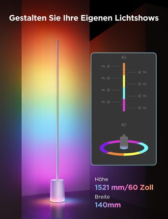 Світлодіодна торшерна лампа Govee RGBIC 152 см, сіра, керування Alexa/Matter, 16 млн кольорів, музичний режим, для вітальні, спальні, ігрової кімнати