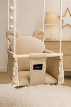Дитяча гойдалка для дому та вулиці | Bär Light Beige Velvet | Гойдалка для малюків | Дерев'яна гойдалка для дітей | Гойдалка для дверного отвору