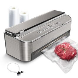 Вакууматор Mesliese 85kPa 120W для продуктів, автоматична машина для вакуумного пакування з вбудованим різаком та відсіком для пакетів, сталь, 2 рулони в комплекті