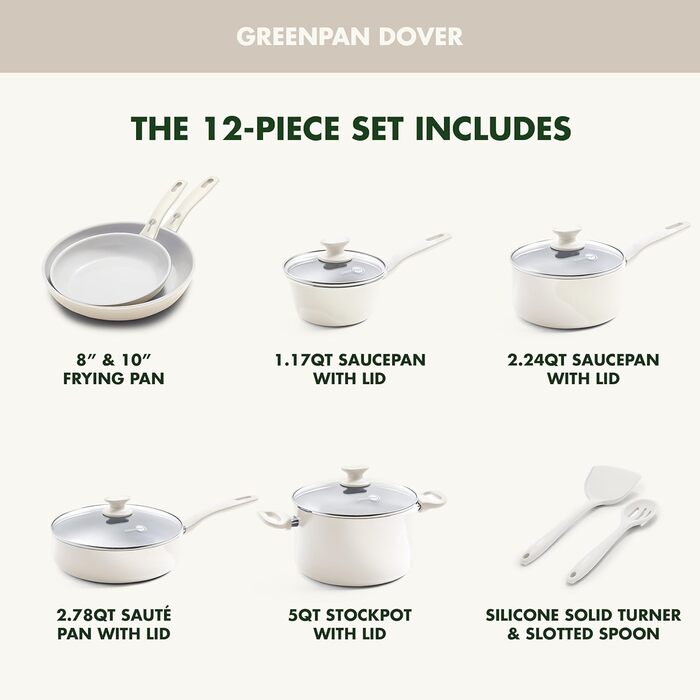 Набір посуду GreenPan Dover Healthy Ceramic 12 предметів, кремово-білий, антипригарне керамічне покриття, без PFAS, для посудомийної машини, зручна ручка