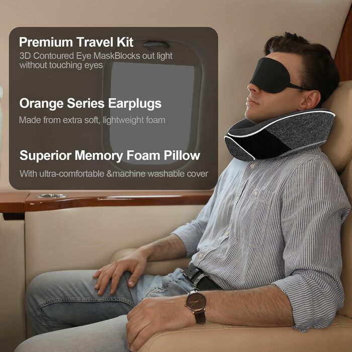 Ергономічна подушка для подорожей Collazoey з ефектом пам'яті (Memory Foam) для шиї, набір з маскою для сну, берушами та сумкою для зберігання, темно-сіра