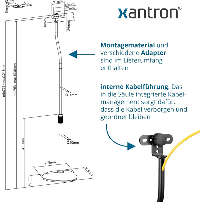 Набір універсальних підставок для колонок Xantron (2 шт.), регульована висота до 103 см, протиковзні стійки з прихованим кабелем та адаптерами, ECO-SS05