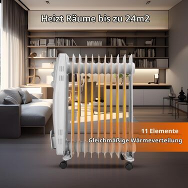 Електричний масляний радіатор Aigostar Pangpang 2300W, 11 секцій, з термостатом та 3 режимами нагріву, мобільний обігрівач (Білий, 2 шт)