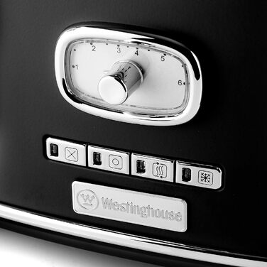 Тостер Westinghouse Retro на 4 скибки, знімна решітка для булочок, 6 режимів підсмажування, центрування хліба, функції розморожування, підігріву та зупинки, індикатор, висувний піддон для крихт, чорний