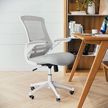 Ергономічне офісне крісло Flash Furniture, сітка, середньої висоти, з відкидними підлокітниками, світло-сіра сітка/білий каркас, 64.77x62.23x104.78 см