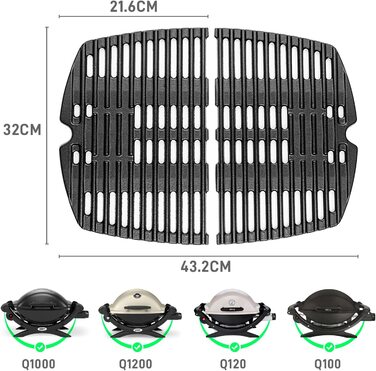 Чавунна решітка для гриля Weber Q100/Q1000/Q1200/Q1400, 32x21,6 см, 2 шт. – запасна решітка для газового гриля, аксесуари для Baby Q