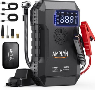 Пусковий пристрій для авто (бустер) з компресором 160 PSI, 5000A, 12V, портативний бустер для бензинових та дизельних двигунів (до 10л), швидка зарядка Type-C, ліхтарик
