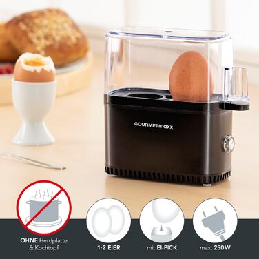 Електрична яйцеварка GOURMETmaxx на 2 яйця, енергозберігаюча, компактна, BPA free, з мірним стаканом і голкою, чорна