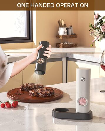 Електричні млинки для солі та перцю CIRCLE JOY, набір 2 шт., з підставкою, з білим LED-підсвічуванням і регулюванням помолу, чорний та білий колір, на батарейках