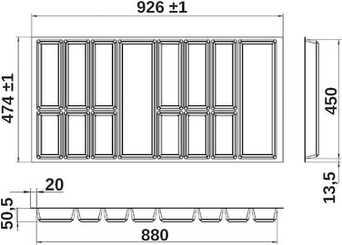 Вставка для столових приладів ORGA-BOX VII чорна 926x474 мм для ящиків Siematic, Schüller, кухонь, корпус 1000 мм