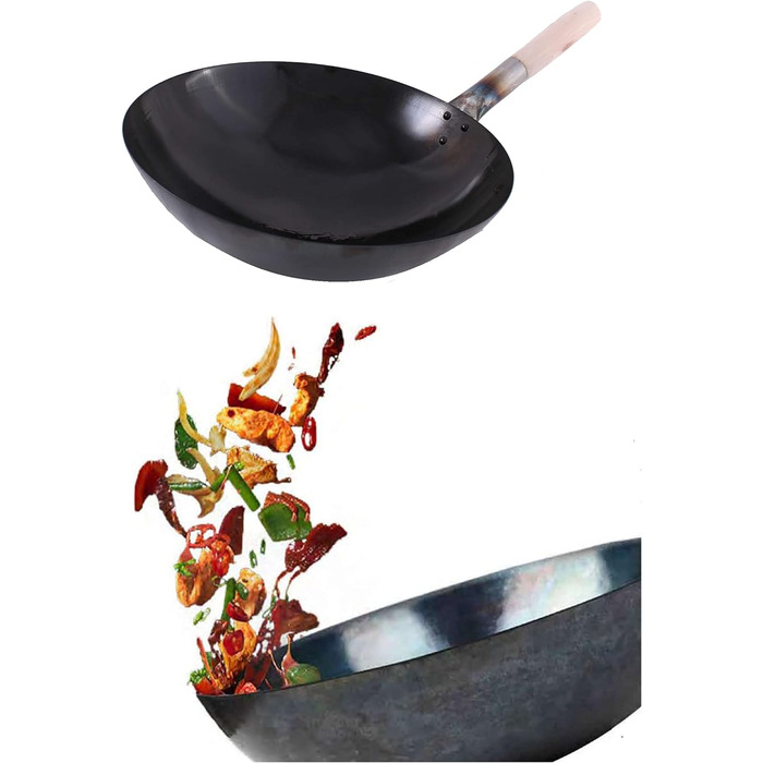 Wok-пательня AAF Nommel 36 см, кругле дно, вуглецева сталь, натуральне антипригарне покриття, попередньо прожарена