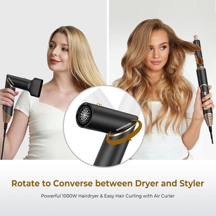 UKLISS 5-в-1 Airstyler Фен-щітка для укладки волосся з насадками (чорний) - професійний фен, стайлер, випрямляч, кругла щітка для волосся 60000 об/хв
