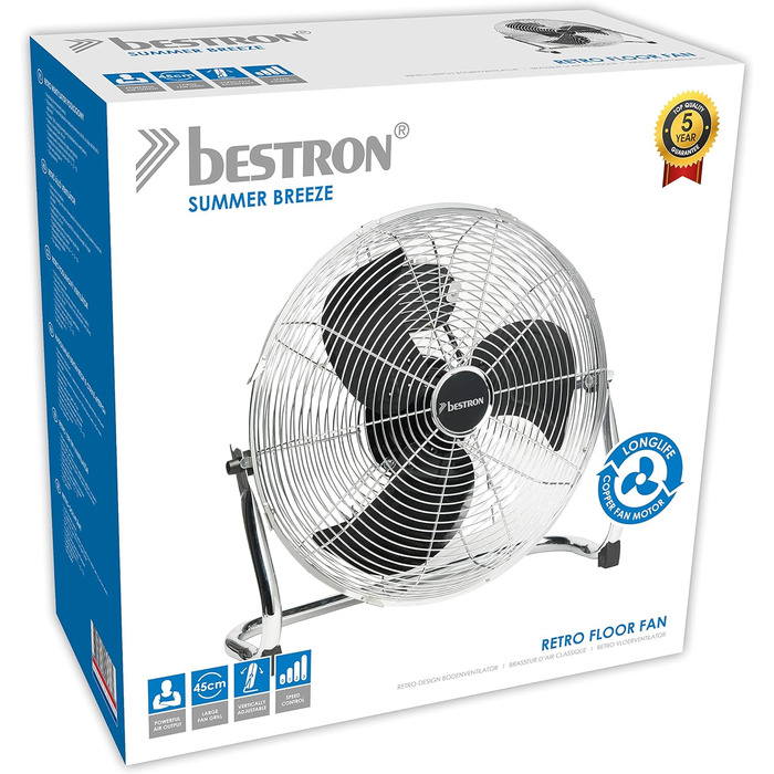 Підлоговий вентилятор Bestron у ретро-стилі, 45 см, 100 Вт, мідний, 3 швидкості, регульований кут нахилу
