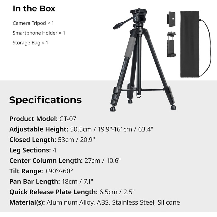 SMALLRIG CT-07 туристичний штатив 1,61 м для iPhone та камери, універсальний телефонний і камерний штатив із швидким перемиканням вертикальної/горизонтальної орієнтації, регульованими кутами та сумкою, модель 4689