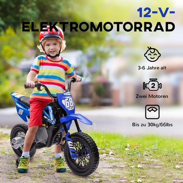 Дитячий електричний мотоцикл AIYAPLAY, дитячий мотоцикл 12V з музикою, дитячий транспортний засіб зі знімними тренувальними колесами, 2,4-5 км/год, для дітей 3-6 років, макс. 30 кг, синій