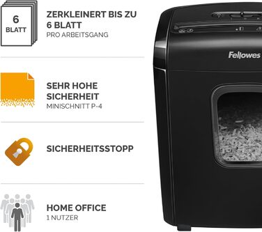 Шредер Fellowes Powershred FS-6C для дому та офісу, знищення документів (P4, міні-шредер), кошик 15л, чорний