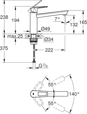 Змішувач кухонний GROHE BauLoop 31367001 високий, поворотний на 360°, з металевим кріпленням, хромований