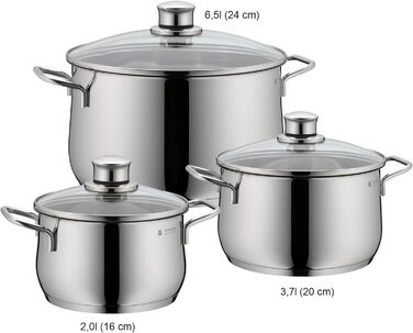 Набір каструль WMF Diadem Plus, 3 предмети, індукційні, з кришками, нержавіюча сталь, поліровані, без покриття