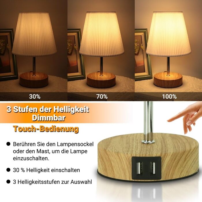 Настільна лампа HSLighting з димером, сенсорна, USB A+C зарядка, розетки, 2 LED-лампи, лляний абажур, для спальні, вітальні, офісу