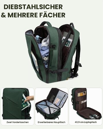 Дорожній рюкзак для ручної поклажі LOVEVOOK: розширюваний бізнес-рюкзак для ноутбука 17.3 дюймів, універсальна модель для чоловіків та жінок, темно-зелений