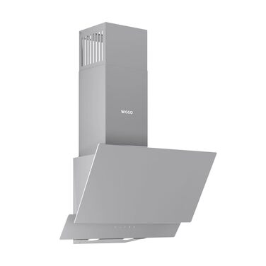 Похила витяжка для кухні Wiggo 50 см, сіра з LED-дисплеєм, продуктивність 300 м³/год, режими відведення та рециркуляції повітря, скляний фасад, у комплекті жировий та 2 вугільні фільтри