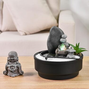 Настільний фонтан-дзен сад Sikhi Zen'Light з фігуркою Будди, кольоровою LED-підсвіткою та білим піском, 21 см — Декоративний фонтан для релаксації та інтер'єру