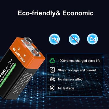 Акумулятори Li-ion 9V 3800 mWh перезарядні (2 шт) для датчиків диму, мікрофонів, сигналізацій та іграшок