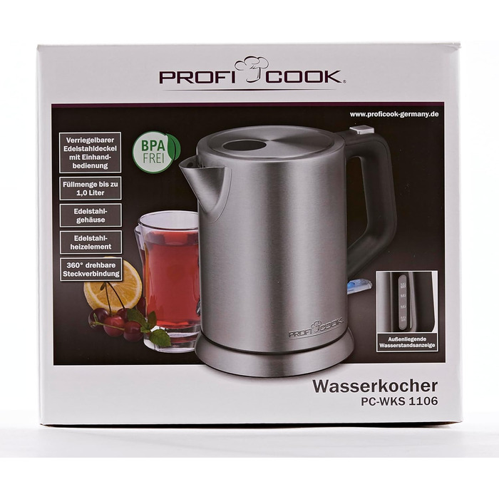 Електрочайник ProfiCook 1 л, нержавійка, 2200 Вт, компактний, BPA-free, одноручне керування, індикатор рівня води, модель PC-WKS 1106