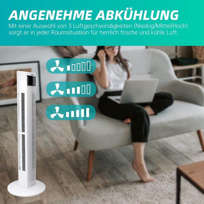 Вентилятор вежовий Turmventilator з пультом, LED-дисплеєм та таймером – 3 режими, 70° осциляція, 50 Вт, 97.5 см (білий)