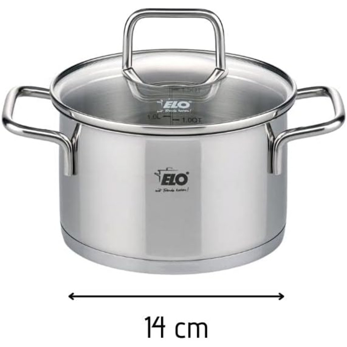 Каструля Elo 7241426 з нержавіючої сталі з скляною кришкою, 1,2 л, універсальна для всіх плит, сіра, 14 x 9,5 см
