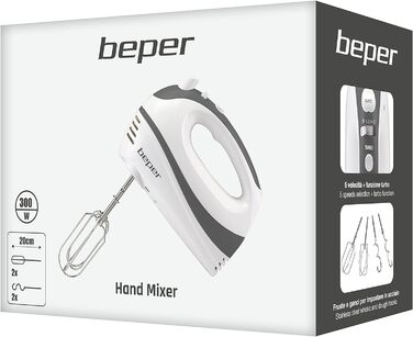 BEPER P102SBA100 електричний міксер для яєць, крему та тіста, 300 Вт, 2 насадки, біло-сірий