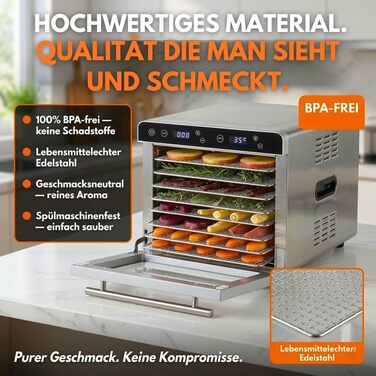 Сушарка для овочів та фруктів Sommertal Silence 700 XXL з нержавіючої сталі - дегідратор з 8 решітками, таймером, LED-дисплеєм, регульованою температурою 35-85°C, 700 Вт, без BPA + книга рецептів