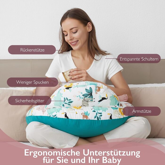 Подушка для годування Momcozy Stillkissen з безпечним бордюром - ергономічна подушка для годування та позиціонування з регульованим ременем та знімним бавовняним чохлом, Meteoritenschauer (Blau)