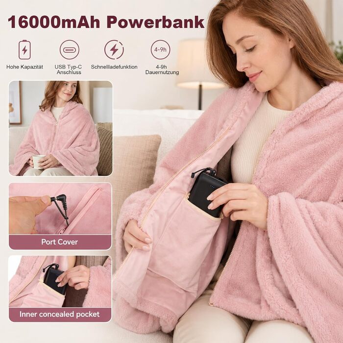 Акумуляторна електроковдра 160x90см з PowerBank 16000mAh, фланелева гріюча ковдра з 6 зонами підігріву та 3 режимами температури, USB, рожева