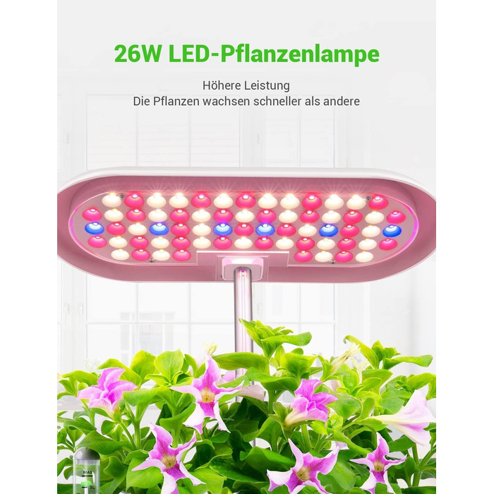 Smart Garden: Гідропонна система для вирощування зелені з LED лампою 26W та 12 капсулами. Регульована висота до 50 см.
