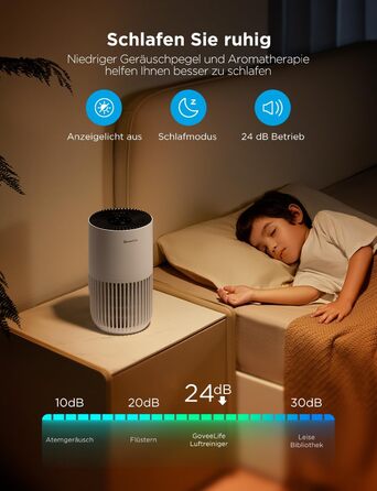 Повітряочисник GoveeLife Mini для спальні з HEPA-фільтром, керування через додаток Alexa, проти шерсті тварин, запахів, пилку, диму. Портативний очисник повітря з 3 швидкостями, 2 режимами, таймером та аромадифузором