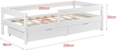 Дитяче ліжко з бортиком і шухлядами 90x200 см, масив сосни, біле, до 100 кг, з ламелями