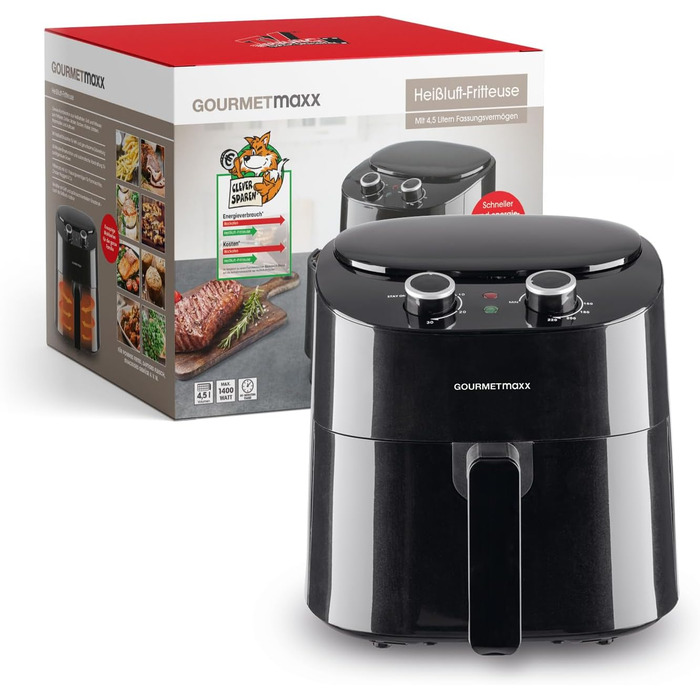 Аерофритюрниця GOURMETmaxx 4,5 л, 1400 Вт, 8 програм, LCD-дисплей, таймер, сталева, чорна – електрична фритюрниця для здорового приготування без олії