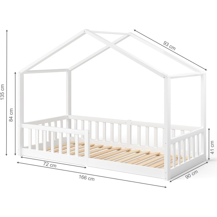 Дитяче ліжко-домік Bellabino Bia 80x160 см, біле, з бортиком і основою, Montessori підлогове ліжко з масиву сосни
