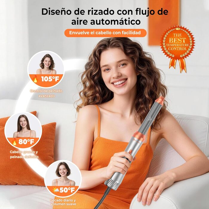 Hairstyler 5-в-1 з ефектом Coandă: Фен-щітка, автоматичний локон, об'єм та сушка (Помаранчевий)