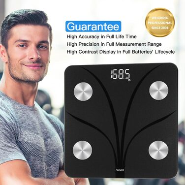 Ваги для аналізу складу тіла Vitafit, електронні, Bluetooth, до 180 кг, чорні, з додатком, вимірювання жиру, ІМТ, м'язової маси